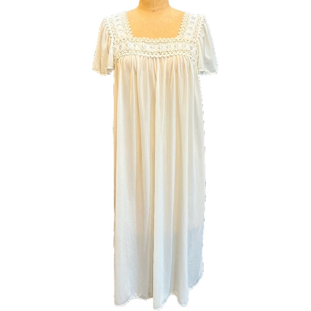 VINTAGE‎ nylon crochet lace ribbon silky nightgown flutter sleeve midi lingerie - Picture 5 of 14